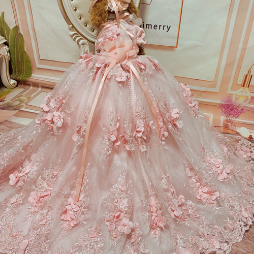 犬猫うさちゃん服 フェアリーピンクの花花ロング丈ドレス ペット服