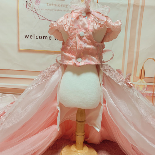 犬猫うさちゃん服 フェアリーピンクの花花ロング丈ドレス ペット