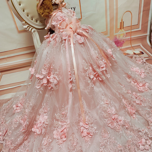 犬猫うさちゃん服 フェアリーピンクの花花ロング丈ドレス ペット服