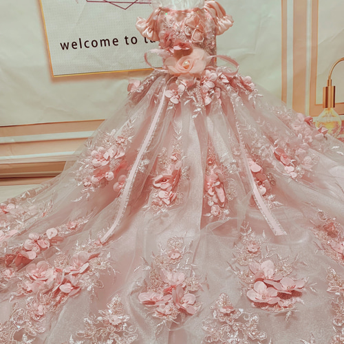 犬猫うさちゃん服 フェアリーピンクの花花ロング丈ドレス ペット服