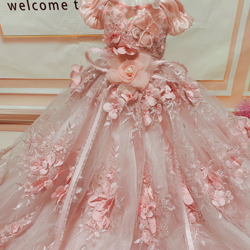 犬猫うさちゃん服 フェアリーピンクの花花ロング丈ドレス ペット服