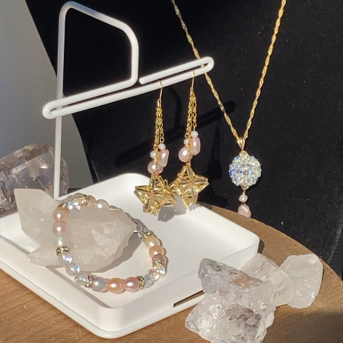 神聖幾何学と淡水パールアクセサリー3点セット ピアス（フープ