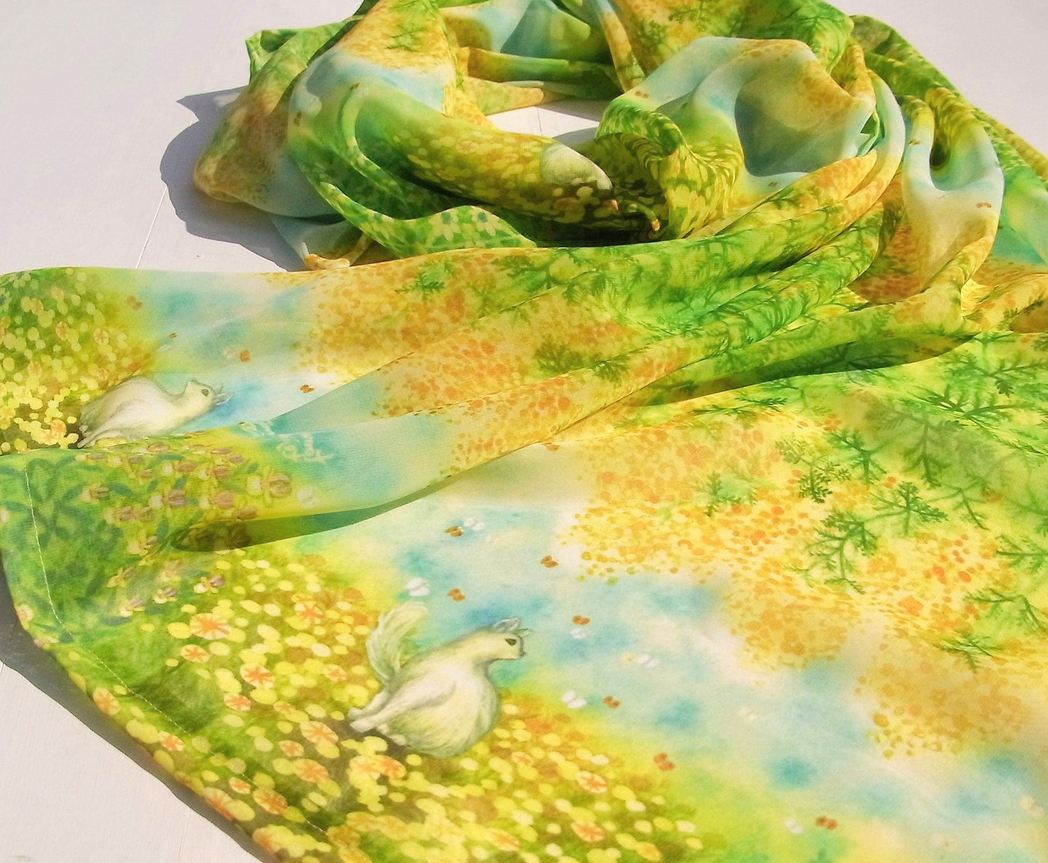 【3週間】シフォン水彩ストール～ミモザと猫イエロー～