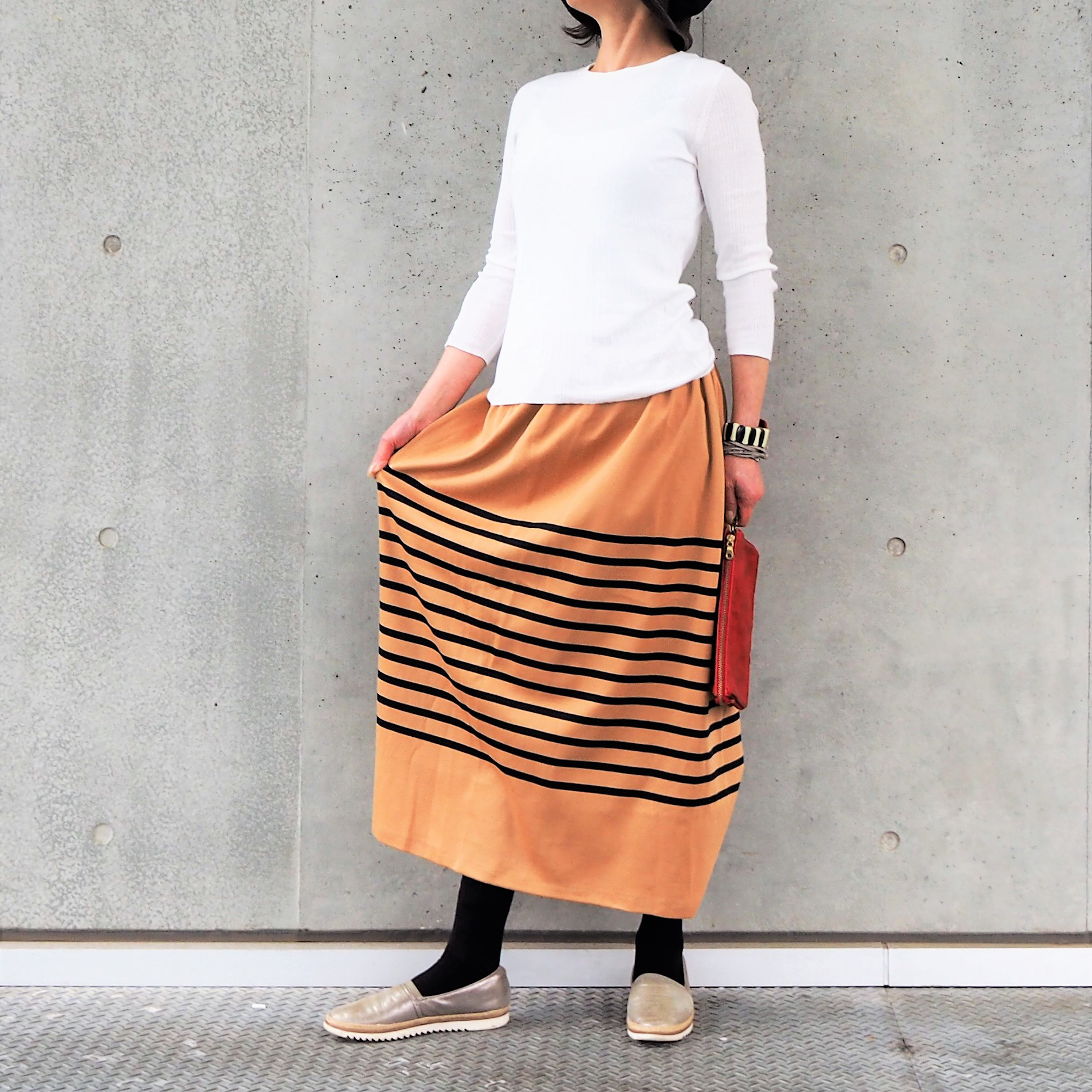 キャメル×ネイビーストライプ　コットンニット　ウェストゴム　ギャザースカート　フリー