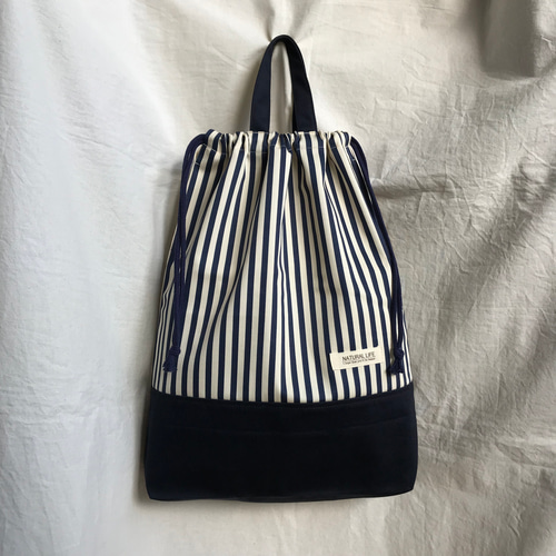 体操服袋 縦42×横32cm 持ち手付き マチ付き 紺ストライプ シンプル