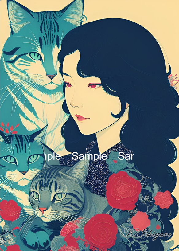 猫と女性(昭和レトロ風イラスト)額付き　№s-650 1枚目の画像