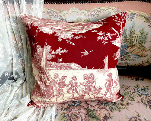 フランス ヴィンテージ トワル・ド・ジュイ クッションカバー クリーム