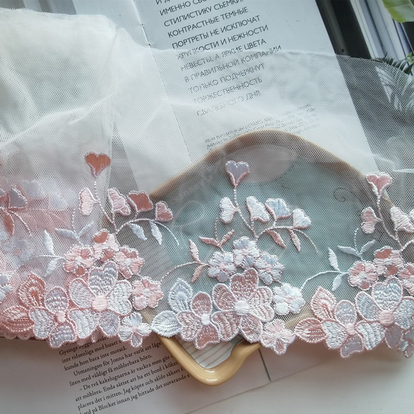 チュ-ルレース 1m 広幅14cm 刺繍 桜花フラワー ピンク ブレードリボンタープ ハンドメイド手芸素材　 4枚目の画像