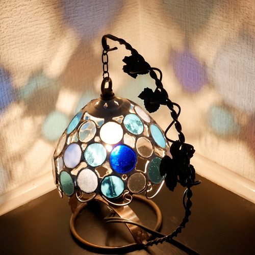 ✴︎:.｡.ステンドグラス 青い水玉のミニランプ♪ スタンドライト