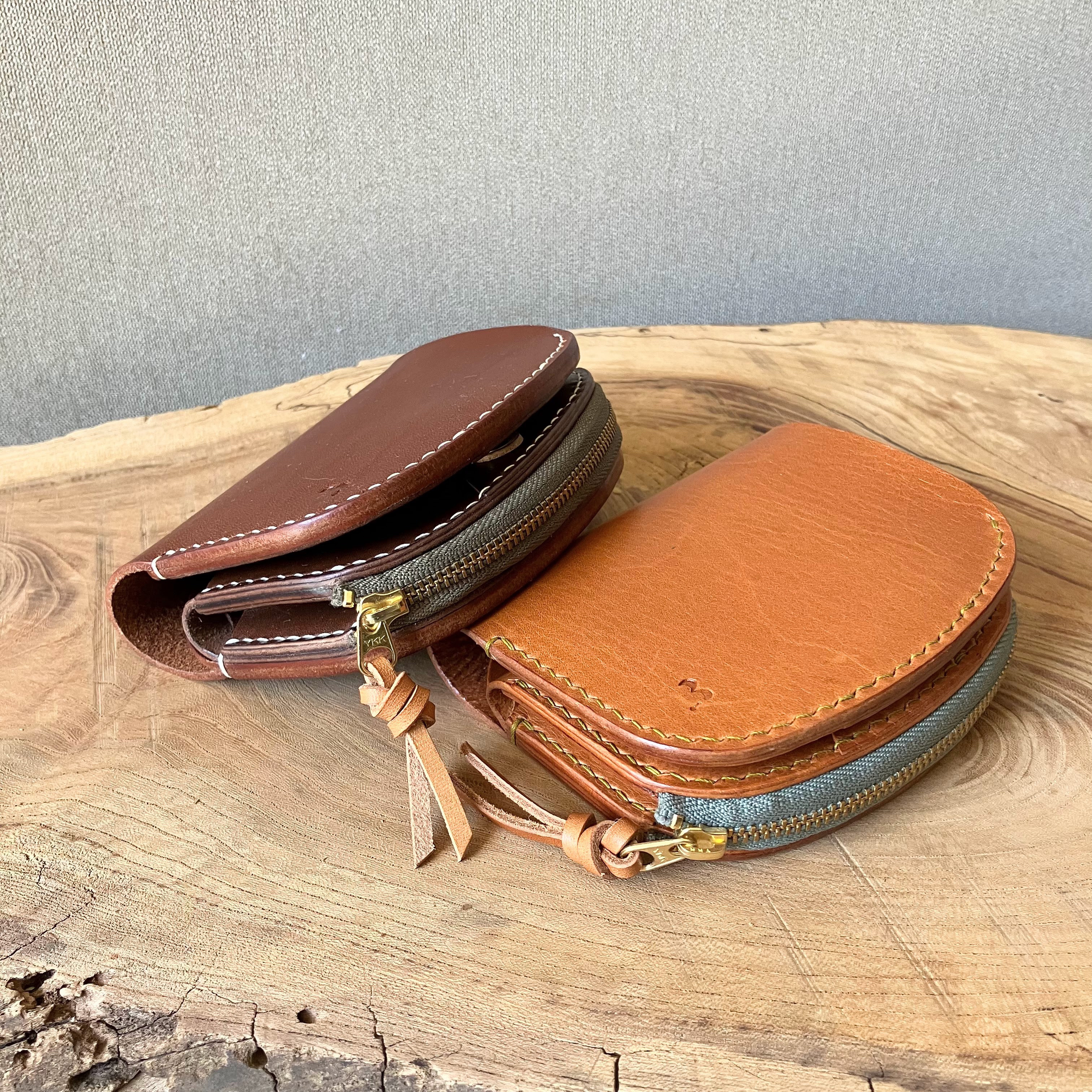 【手縫い二つ折り革財布】L字ファスナー小銭入れナチュラルブラウンシンプル・ナチュラルなヌメ革・ギフト・レディース・メンズ