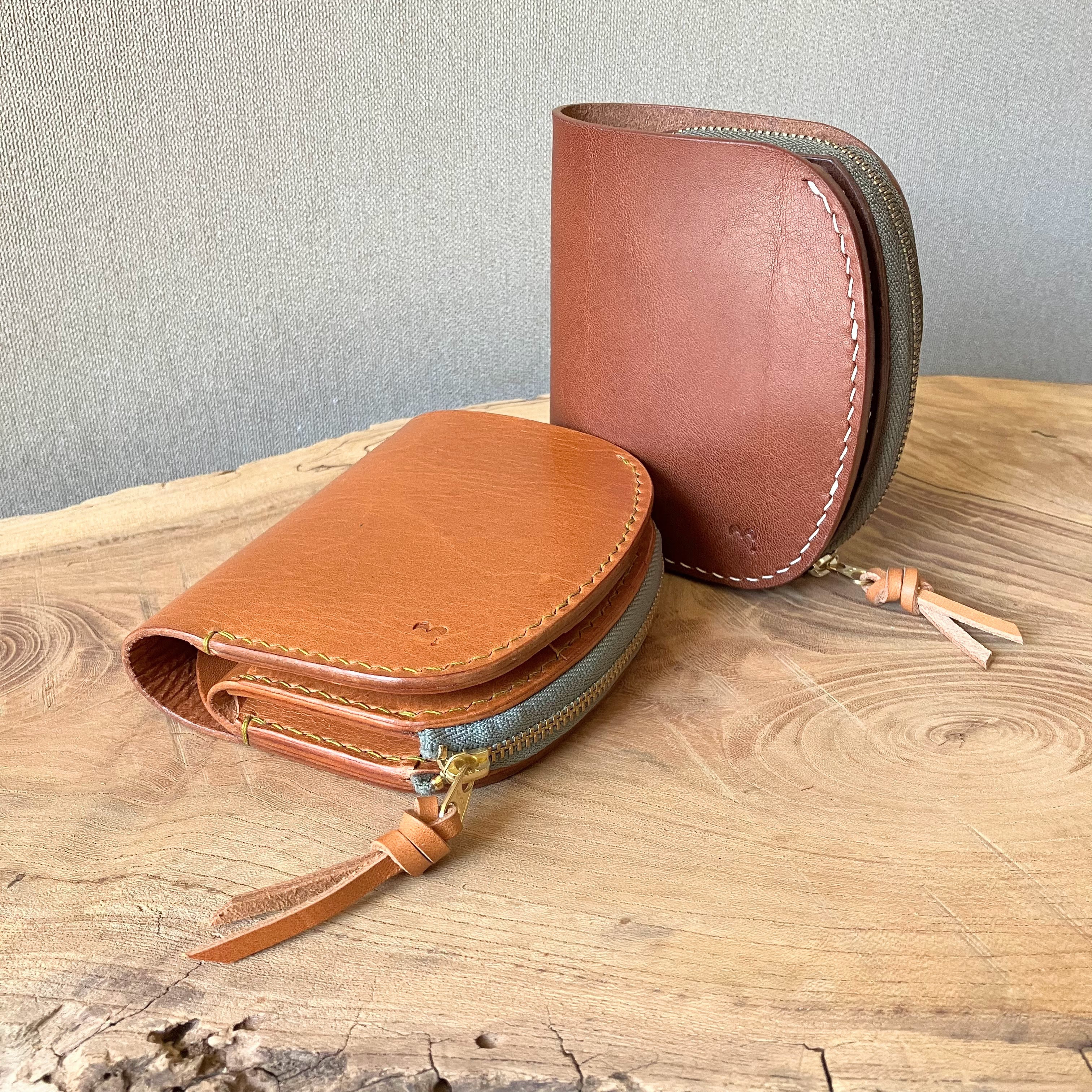 【手縫い二つ折り革財布】L字ファスナー小銭入れナチュラルブラウンシンプル・ナチュラルなヌメ革・ギフト・レディース・メンズ