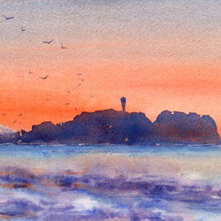 水彩画原画　朝焼け江の島　＃603 2枚目の画像