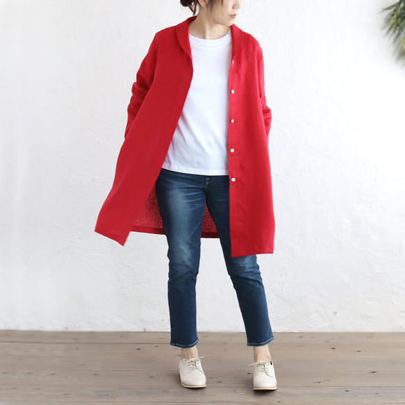 春夏秋季實用單品 亞麻披肩領外套外套 長89cm（紅）CO08 第3張的照片