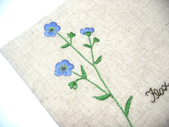 【ブックカバー 花刺繍 フラックス（薄紫色）＆ベージュ色リネンシーチング地♪文庫本サイズ 】 11枚目の画像