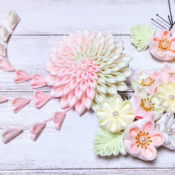 つまみ細工の髪飾り 8点セット【ピンク・黄緑・クリーム色・白