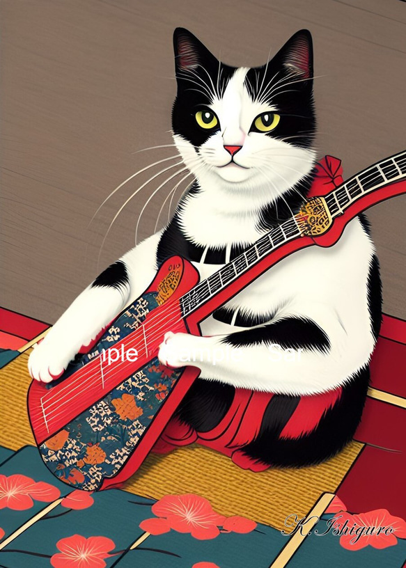 ギターを弾く猫(新浮世絵画)額付き　№s-604 1枚目の画像