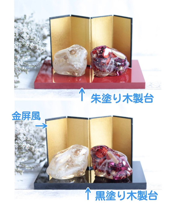 【creema限定・受注製作品】「小花を閉じこめて」固まるハーバリウム兜(白×金)＊名前プレート&座布団＊端午の節句 16枚目の画像