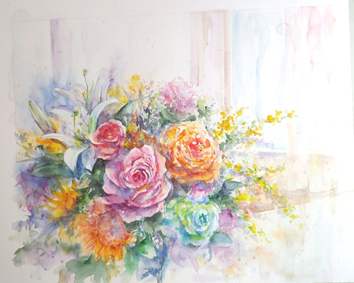 激安先着 窓辺のブーケ(薔薇)／透明水彩画額付き原画(F6) 絵画 絵画