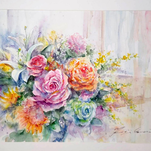 窓辺のブーケ(薔薇)/透明水彩画額付き原画(F6) 絵画 - 絵画 窓辺のブーケ(薔薇)/透明水彩画額付き原画(F6) 絵画 - 絵画
