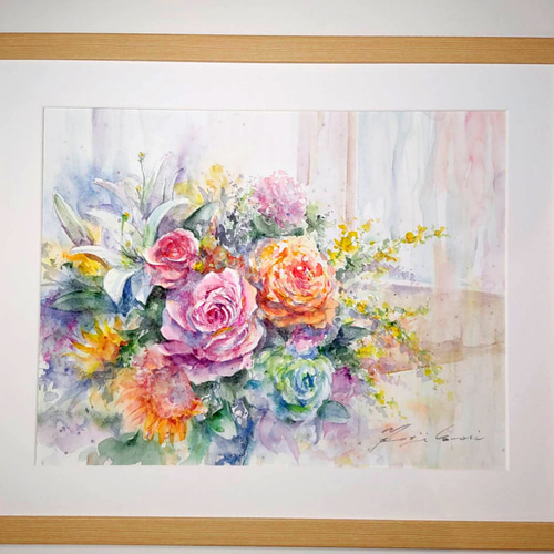 窓辺のブーケ(薔薇)/透明水彩画額付き原画(F6) 絵画 窓辺のブーケ(薔薇)/透明水彩画額付き原画(F6) 絵画