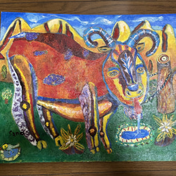 油絵 水を飲むヤギ　No.1 4枚目の画像