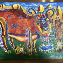 油絵 水を飲むヤギ　No.1 3枚目の画像