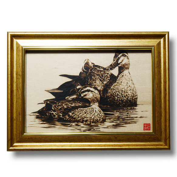 Waterfowls〈s2〉　木材の焦げ色の濃淡で表現した絵画作品 3枚目の画像