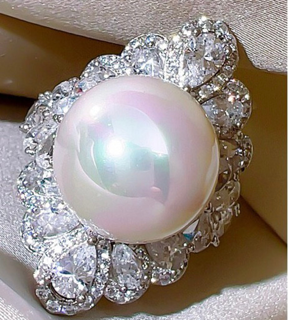 人工マザーオブパール 2本 ホワイト レトロ 高炭素ダイヤモンド キラキラ ゴージャス リング エレガント 人工真珠 白 9枚目の画像