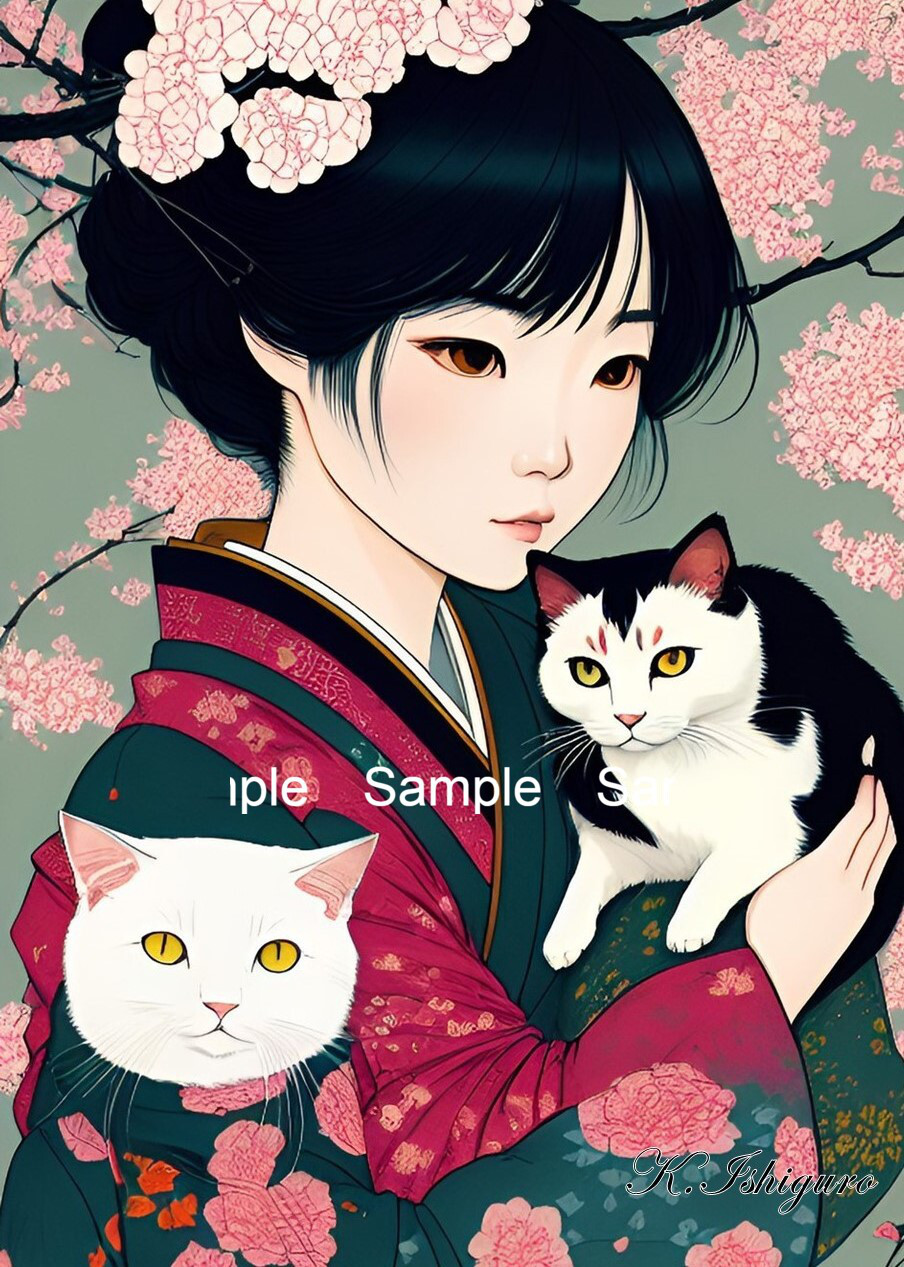猫と女性(昭和レトロ風イラスト)A4 №s-855 絵画 shizennokaze