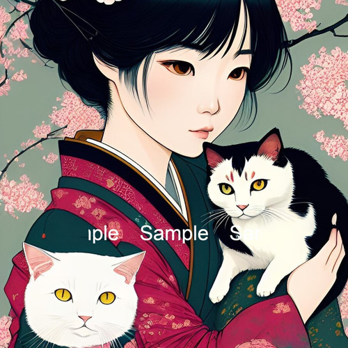 猫と女性(昭和レトロ風イラスト)A4 №s-855 絵画 shizennokaze