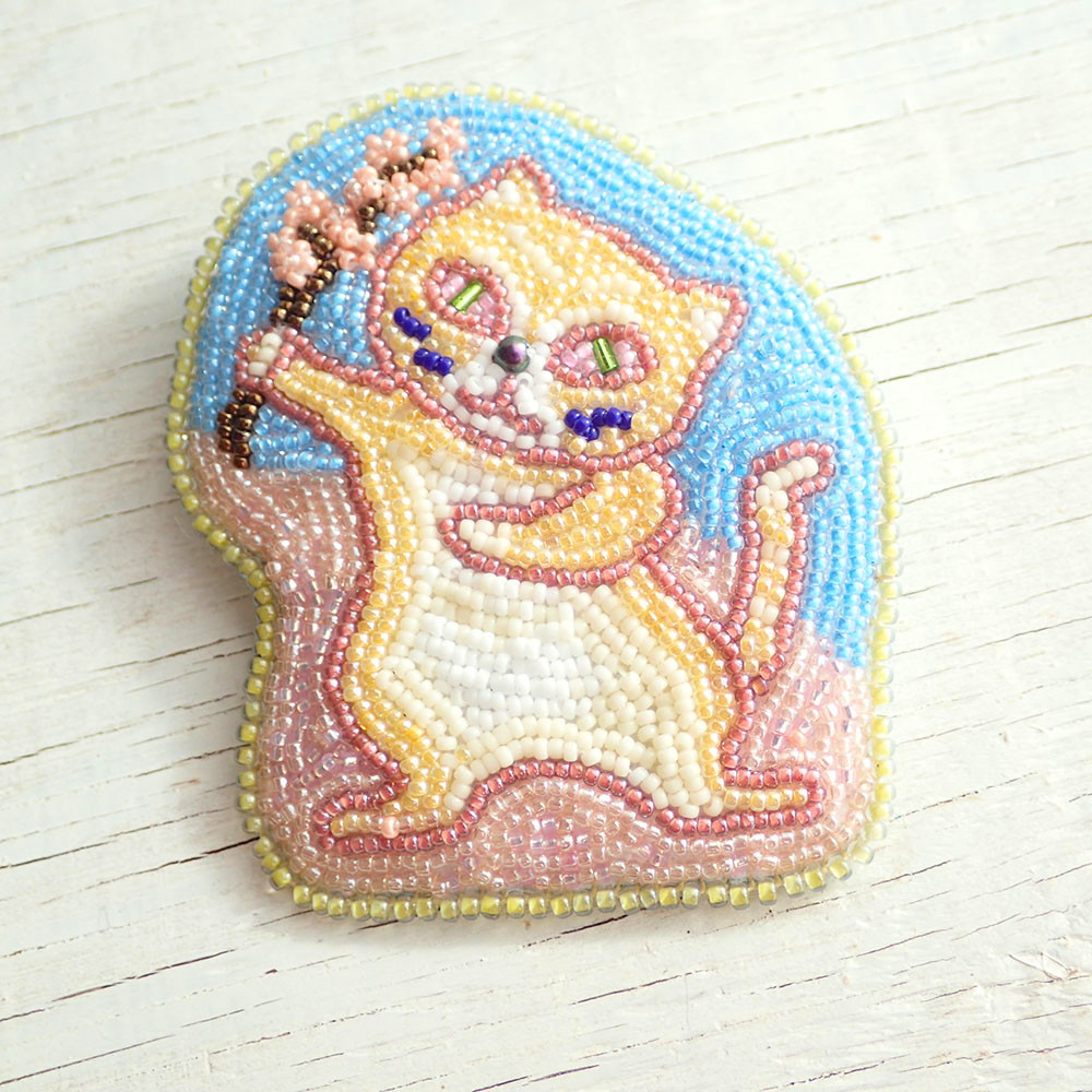 ビーズブローチ☆お花見猫☆