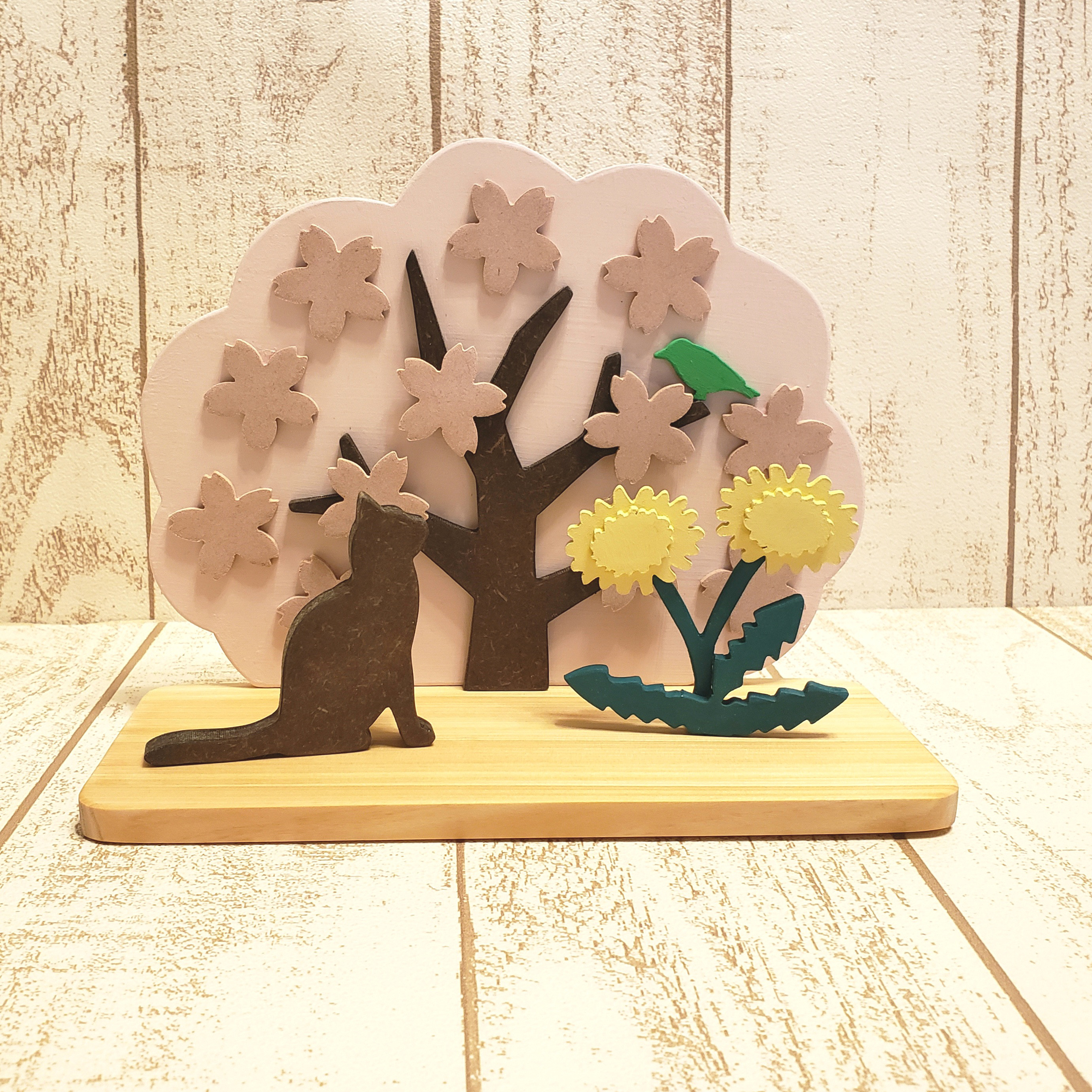 猫の日2026 受注制作☆動物の変更も色変更も可能！☆春☆桜と猫の置物☆黒猫☆たんぽぽ☆お花見