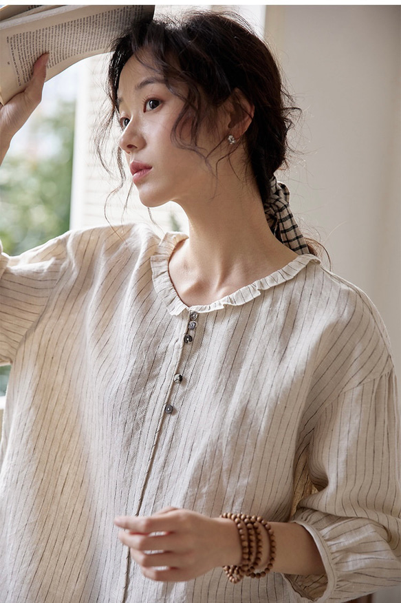 【即納在庫のみ】先染めリネン　ストライプとフリルカラー　ゆったりシルエットブラウス【春夏秋】ブルー系 15枚目の画像
