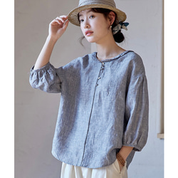 【即納在庫のみ】先染めリネン　ストライプとフリルカラー　ゆったりシルエットブラウス【春夏秋】ブルー系 4枚目の画像