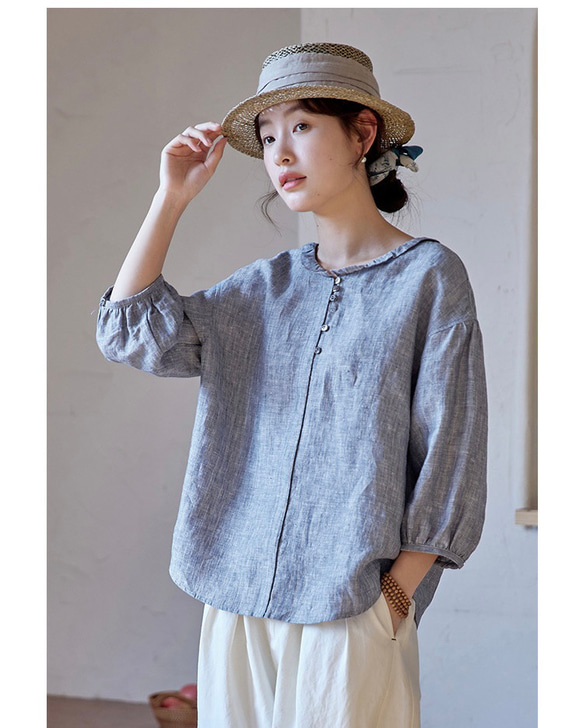 【即納在庫のみ】先染めリネン　ストライプとフリルカラー　ゆったりシルエットブラウス【春夏秋】ブルー系 4枚目の画像