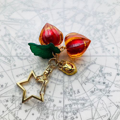 鬼灯（ほおずき）と狐面のキーホルダー 赤加賀智 キーホルダー