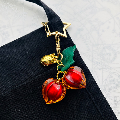 鬼灯（ほおずき）と狐面のキーホルダー 赤加賀智 キーホルダー