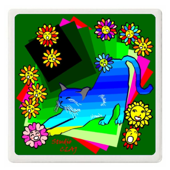 魔法の森でくつろぐ虹猫ピーマン：白雲石コースター スクエア 1枚目の画像