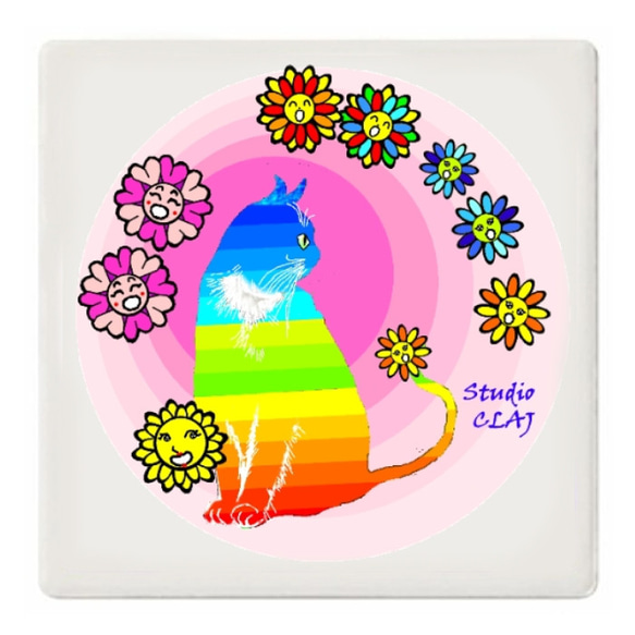 魔法の森の花たちと虹猫ピーマン：白雲石コースター 1枚目の画像
