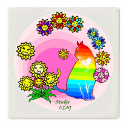虹猫バジルと魔法の森の花たち：白雲石コースター 1枚目の画像