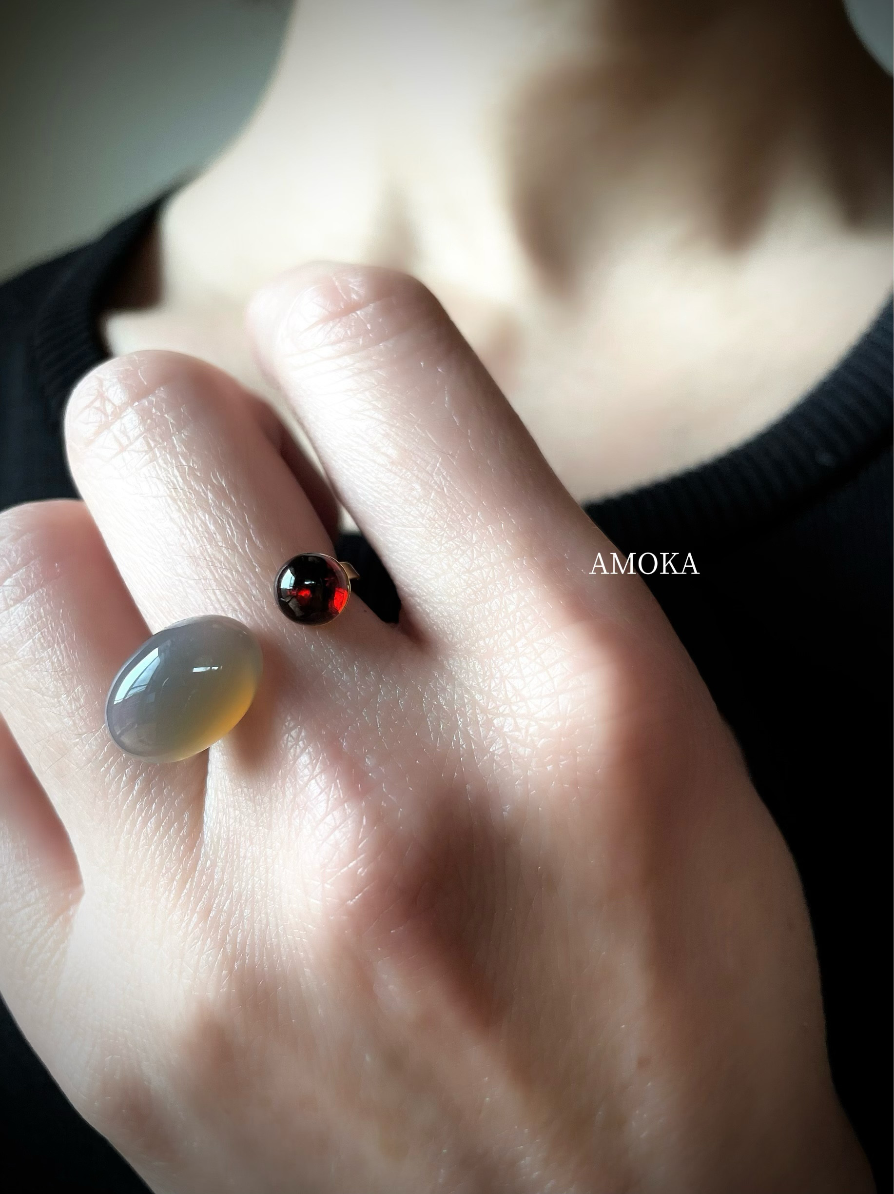 【グレー×赤】お洒落なあの人の天然石フォークリング　天然石リング　春リング　春アクセサリー　プレゼント