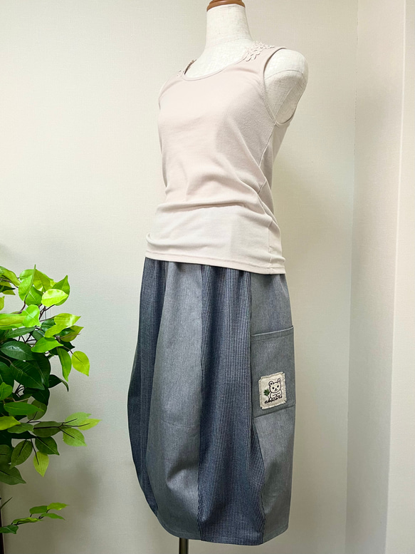 ストレッチデニム×チドリ柄のバルーンスカート　グレー系　フリーサイズ 3枚目の画像