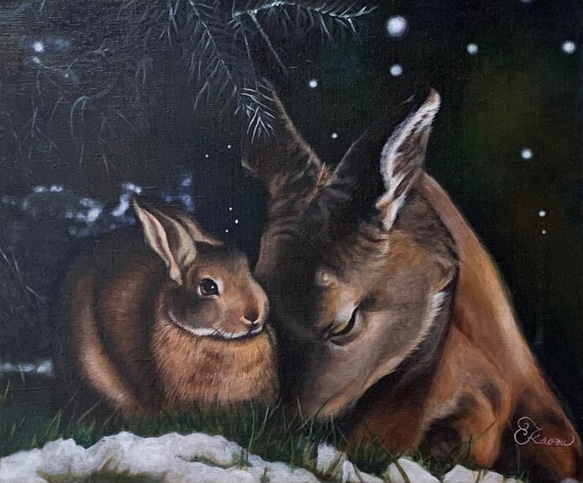 アクリル画 ウサギ  動物 冬夜」（鹿とうさぎ） 絵画 かおる 通販 15663703｜Creema(クリーマ)
