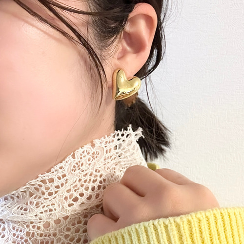 ぷっくりハートのメタルピアス・イヤリング・ノンホールピアス □金属