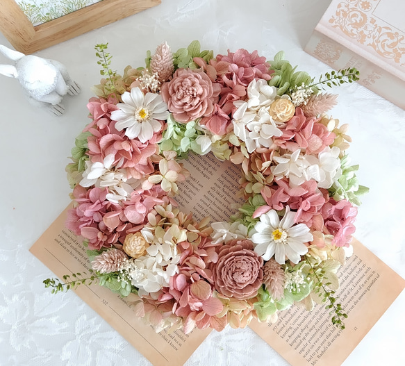 プリザーブドフラワーリース✨21cmふわふわ紫陽花×くすみピンク プリザーブドフラワーリース✨21cmふわふわ紫陽花×くすみピンク
