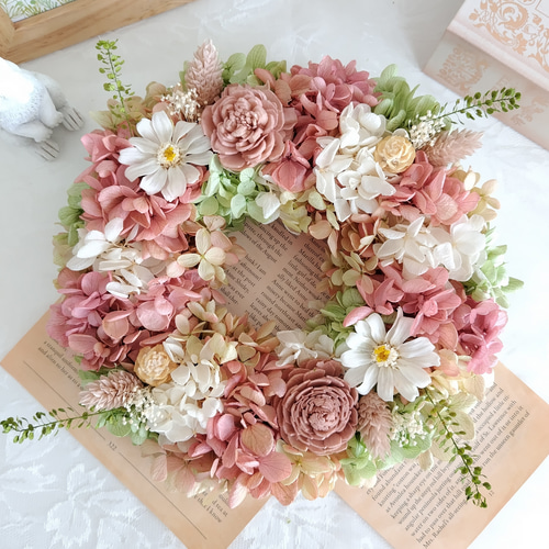 プリザーブドフラワーリース✨21cmふわふわ紫陽花×くすみピンク  