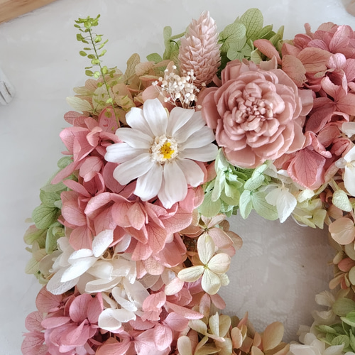 プリザーブドフラワーリース✨21cmふわふわ紫陽花×くすみピンク プリザーブドフラワーリース✨21cmふわふわ紫陽花×くすみピンク