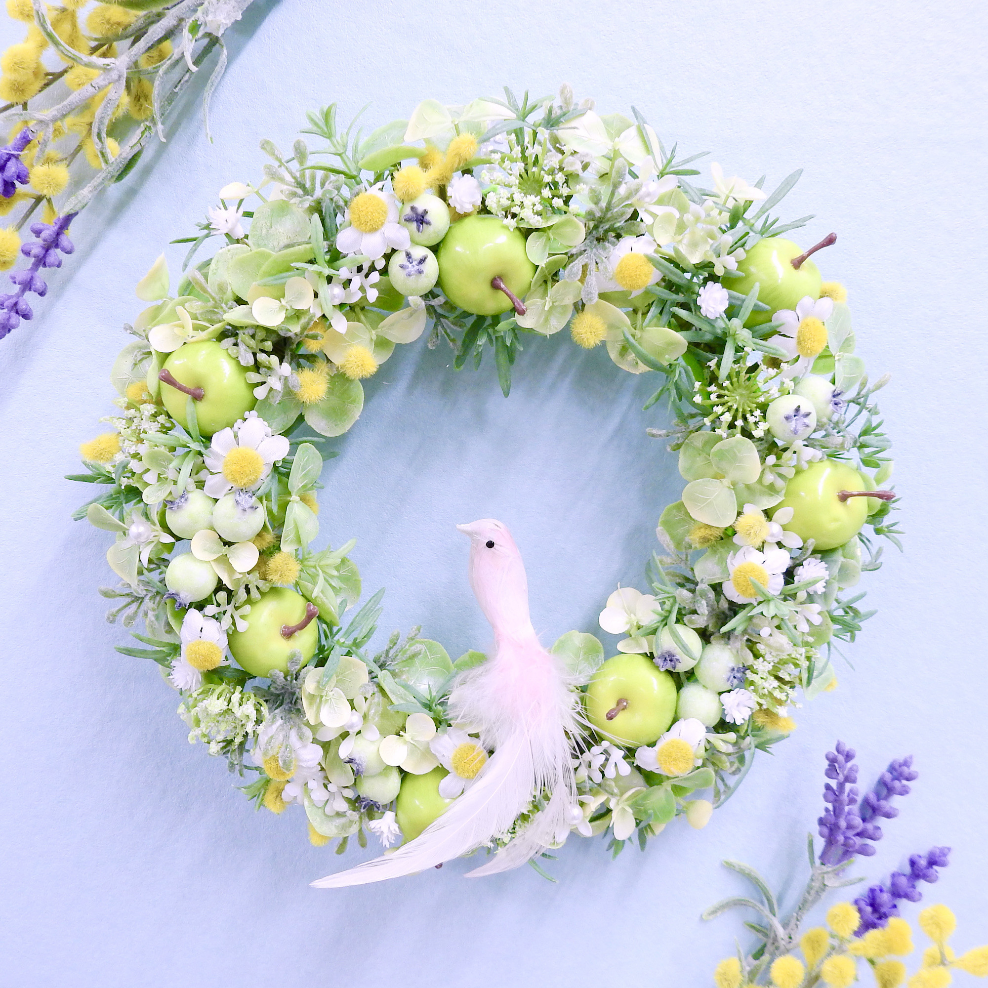 ＊【小鳥 全３色】グリーンアップルとミモザのナチュラルリース ＊