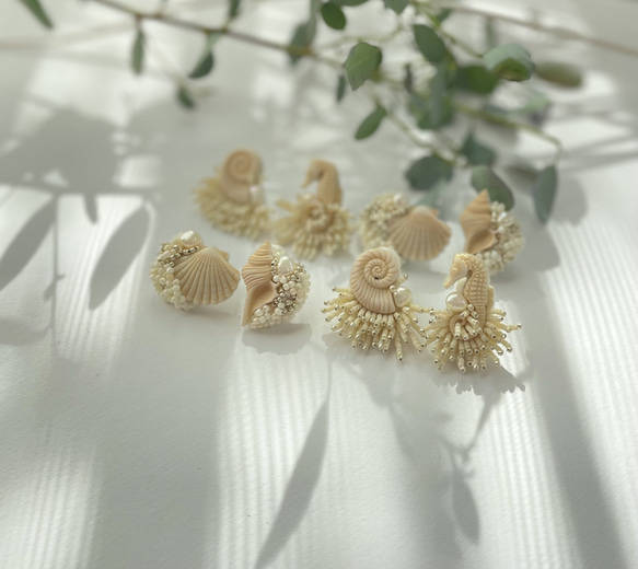 ビーズ刺繍アクセサリー/ビーズイヤリング/イヤリング/淡水パール/夏イヤリング/海/シェル/マリン/女子会/ピアス 6枚目の画像