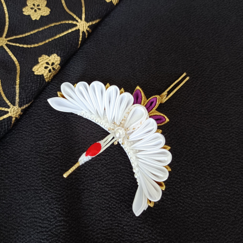 祝鶴✴小»つまみ細工 髪飾り ヘア飾り 白サテン 和婚 成人式 結婚式